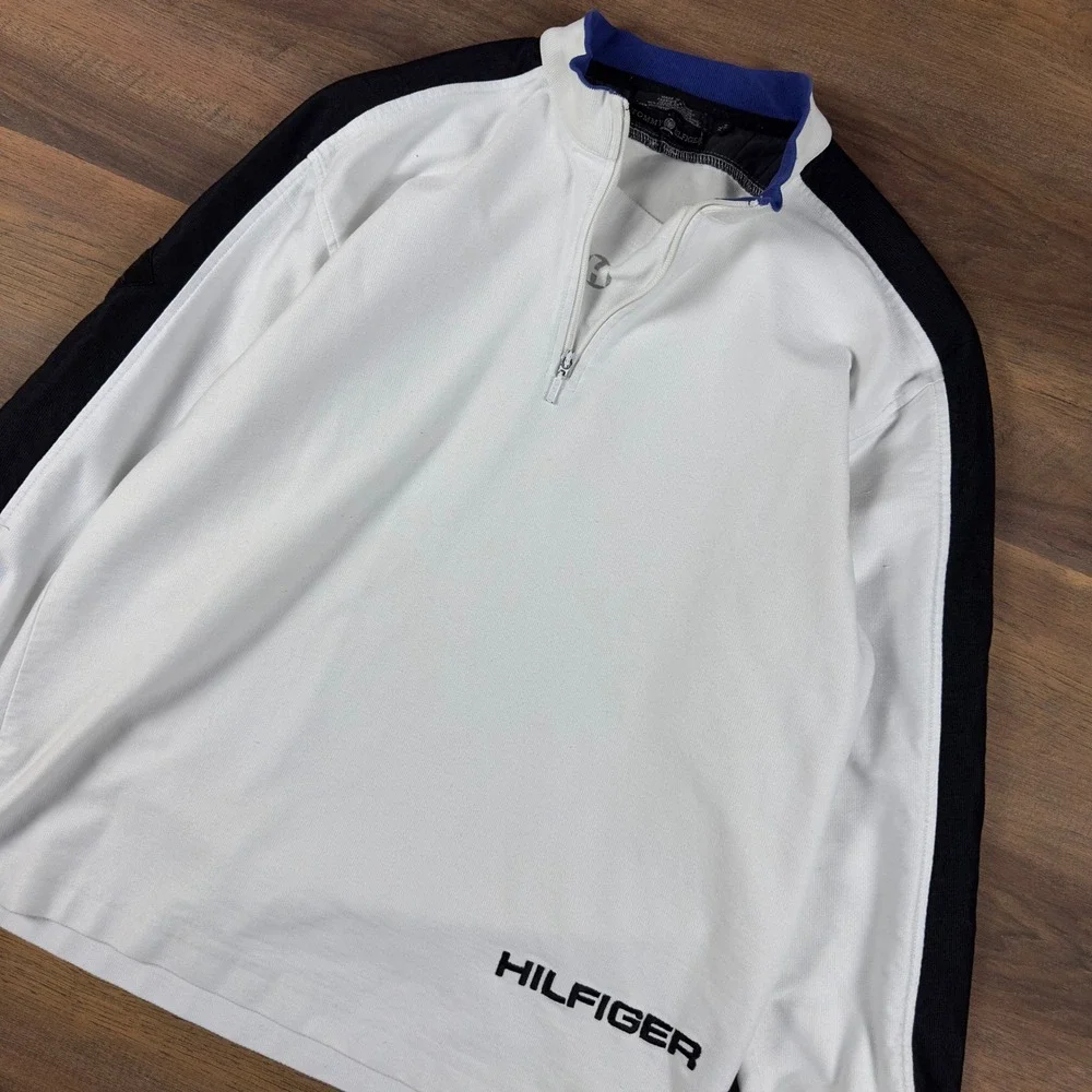 Vintage Tommy Hilfiger Quarter Zip Pullover White Black Stripe Mens XL 90s Sport